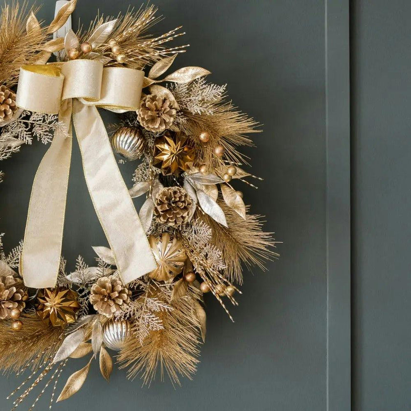 26" Gold Bow, Pinecone & Ornament Wreath Pre-Lit