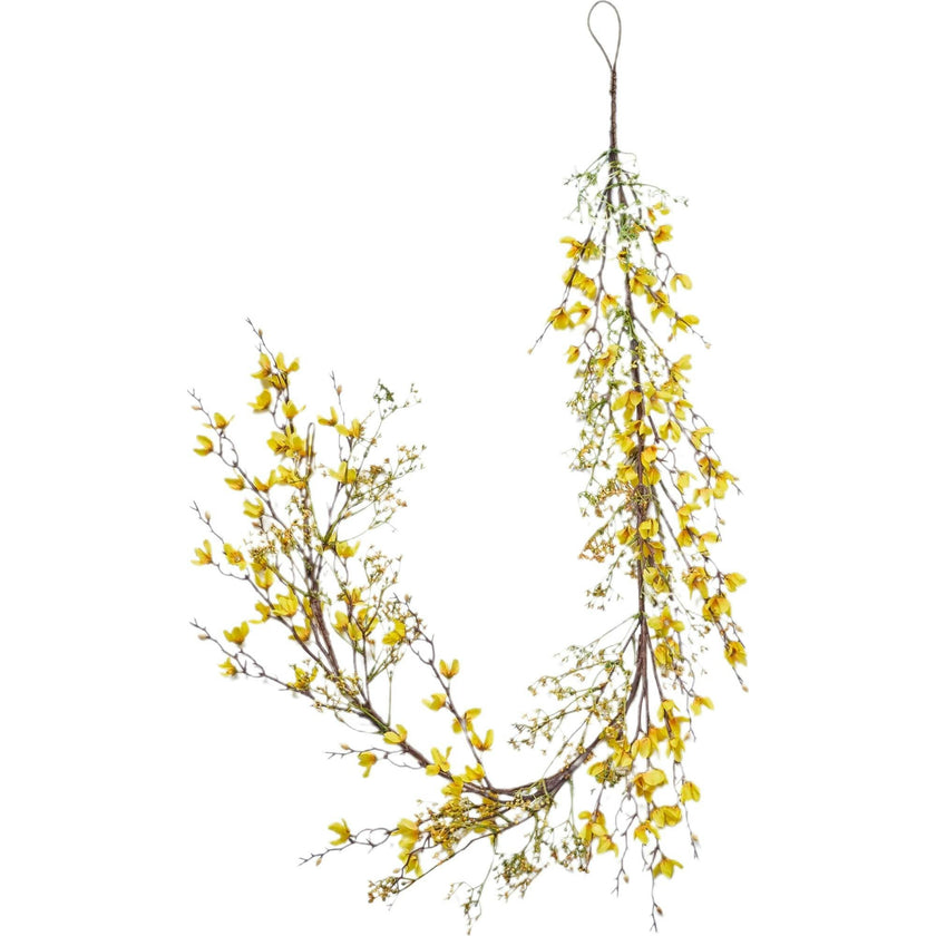Flowering Yellow Forsythia Blossom & Faux Berry Twig Spring Mantel Garland Table Runner