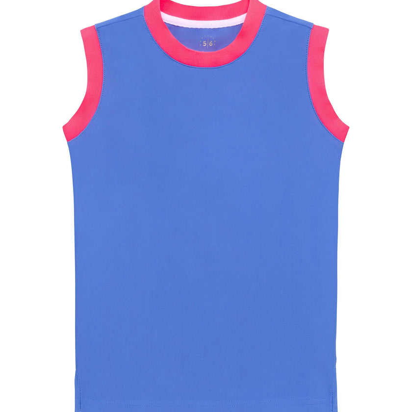 sky blue/neon pink muscle tank