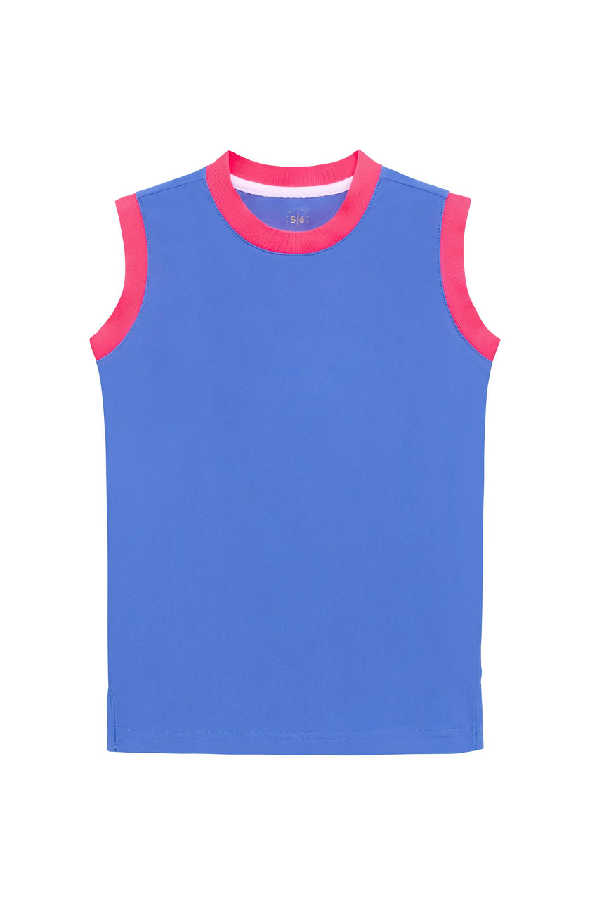 sky blue/neon pink muscle tank