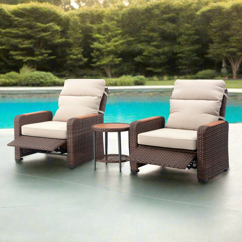 Teamson Home Outdoor Seating  Wicker Frame & Wood Armrests Recliner Set in Warm Brown
