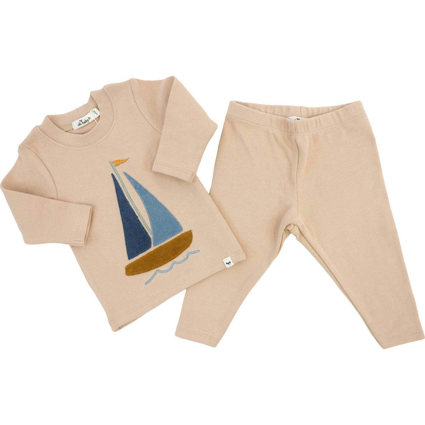 Denim Sailboat Terry Applique Two Piece Set