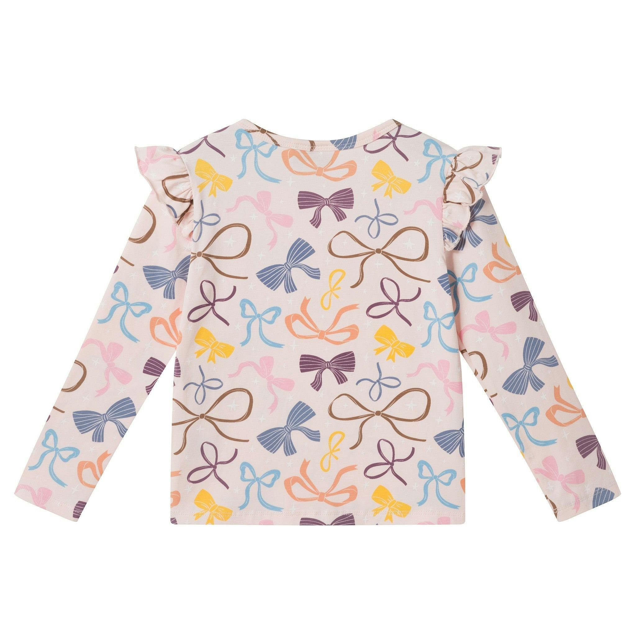 Girls Bow Print Top & Pleated Denim Skirt Set | Multi Bows - Pink