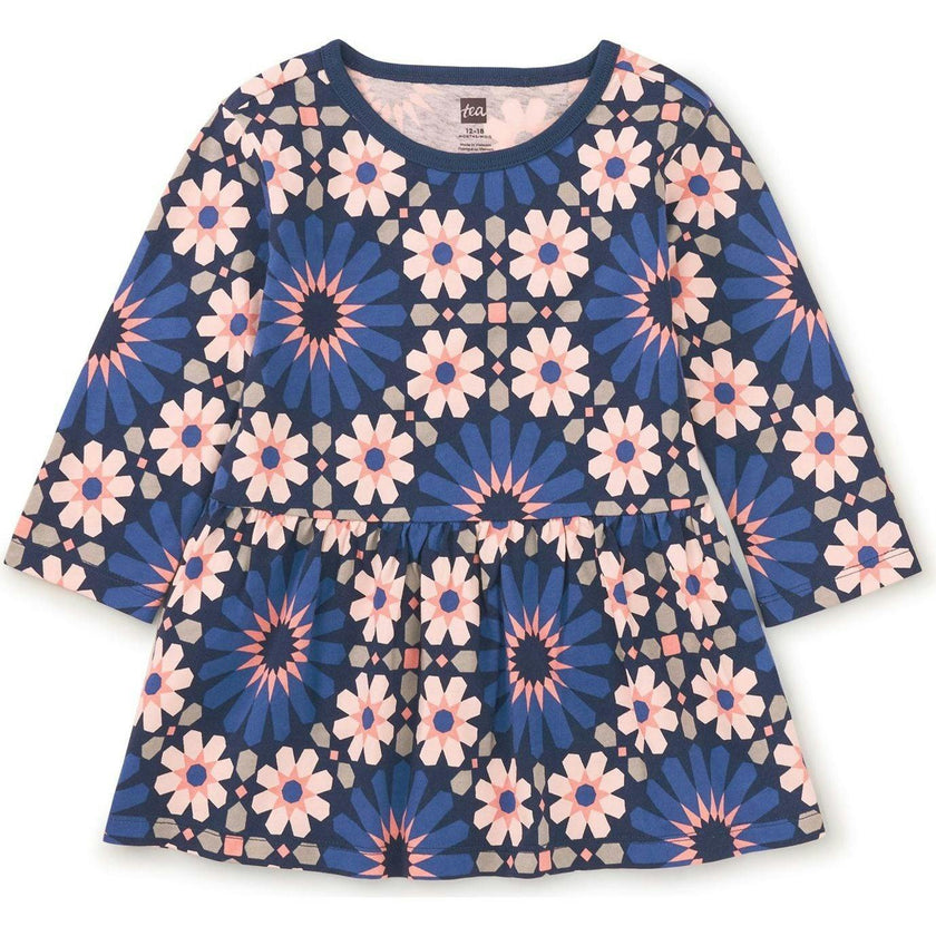 Crew Neck Long Sleeve Gathered Skirt Dress, Multi