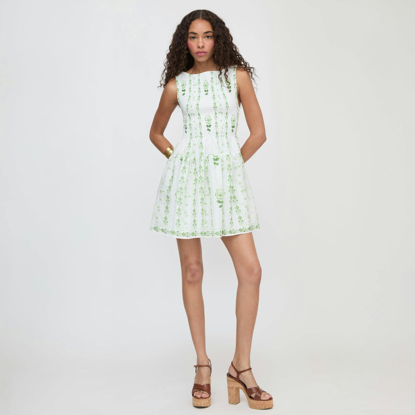 The Cosima Mini Nap Dress - White/Green Arcadia Border