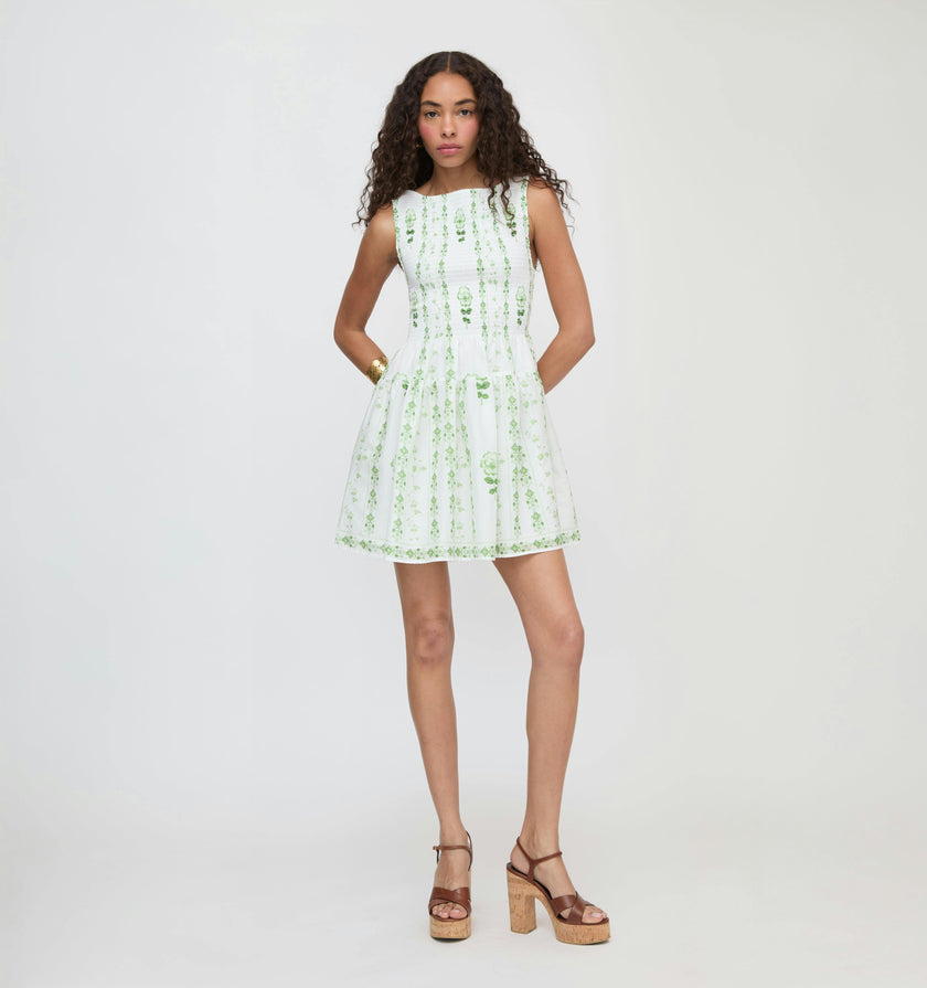 The Cosima Mini Nap Dress - White/Green Arcadia Border