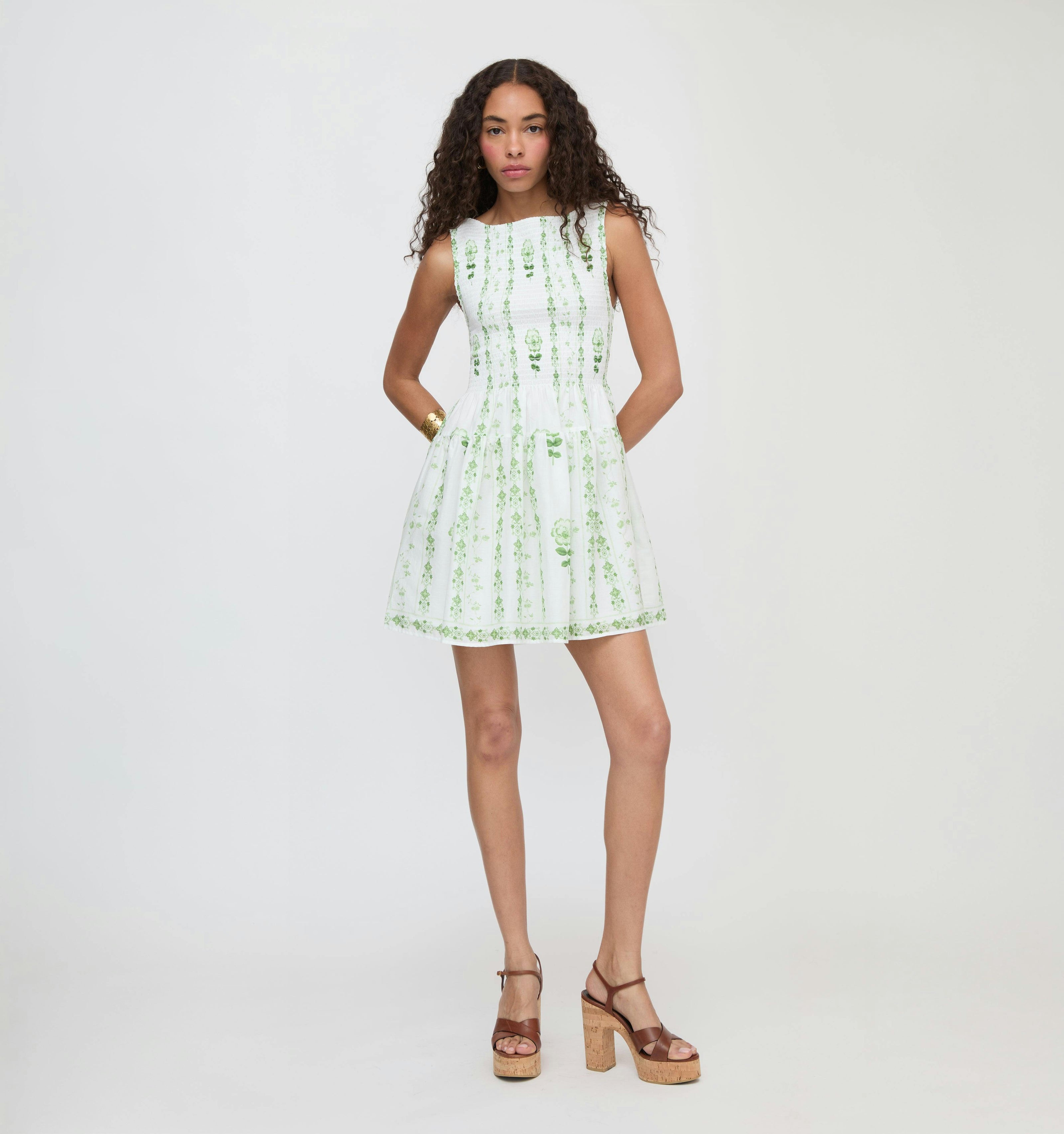 The Cosima Mini Nap Dress - White/Green Arcadia Border