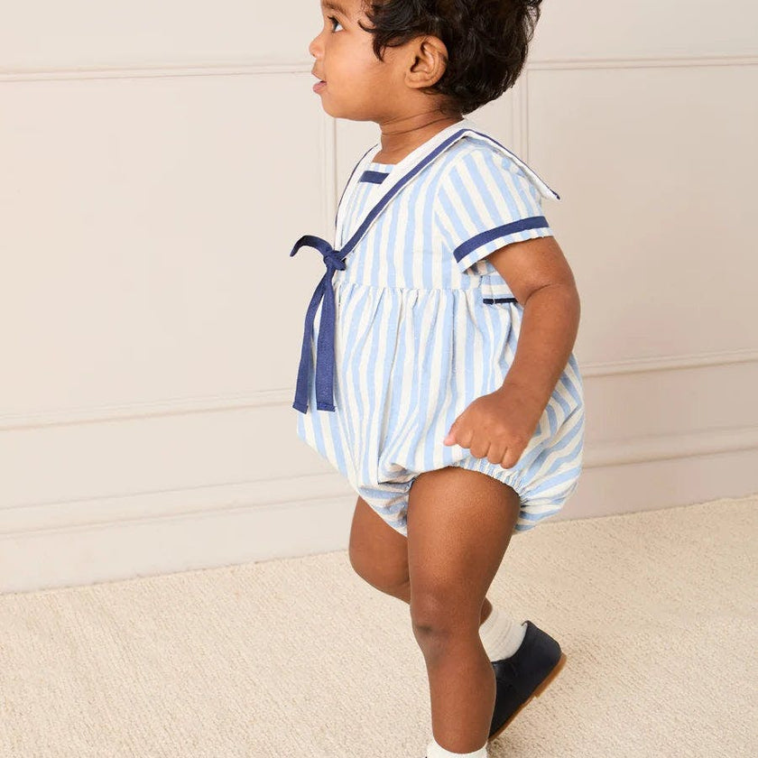 Regency Stripe Mariner Collar Bow Detail Romper in Blue (6mths-2yrs)