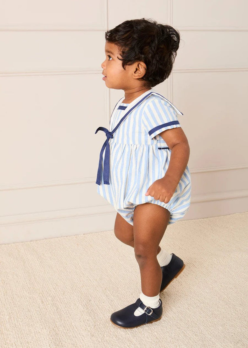 Regency Stripe Mariner Collar Bow Detail Romper in Blue (6mths-2yrs)