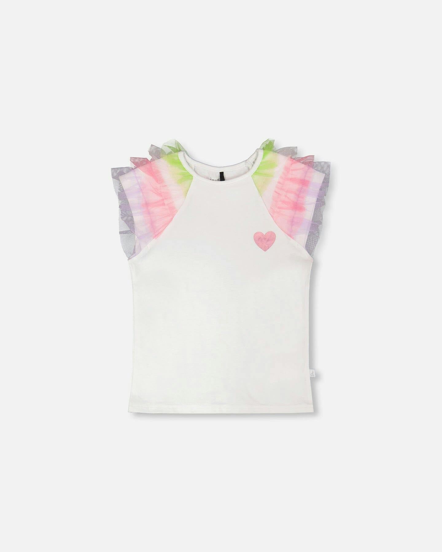 Organic Cotton Jersey T-Shirt White With Multicolor Mesh Sleeves