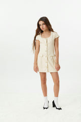 Zoe Cream Dress With Bow Buttons Vegan Leather Cap Sleeve