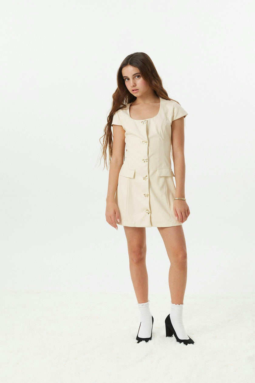 Zoe Cream Dress With Bow Buttons Vegan Leather Cap Sleeve