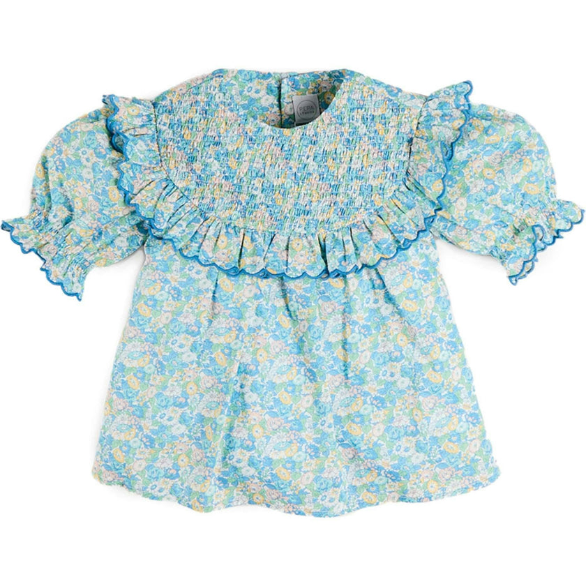 Leontyne Floral Scalloped Smocked Detail Short Sleeve Blouse in Blue Made with Liberty Fabric (2- 10yrs)