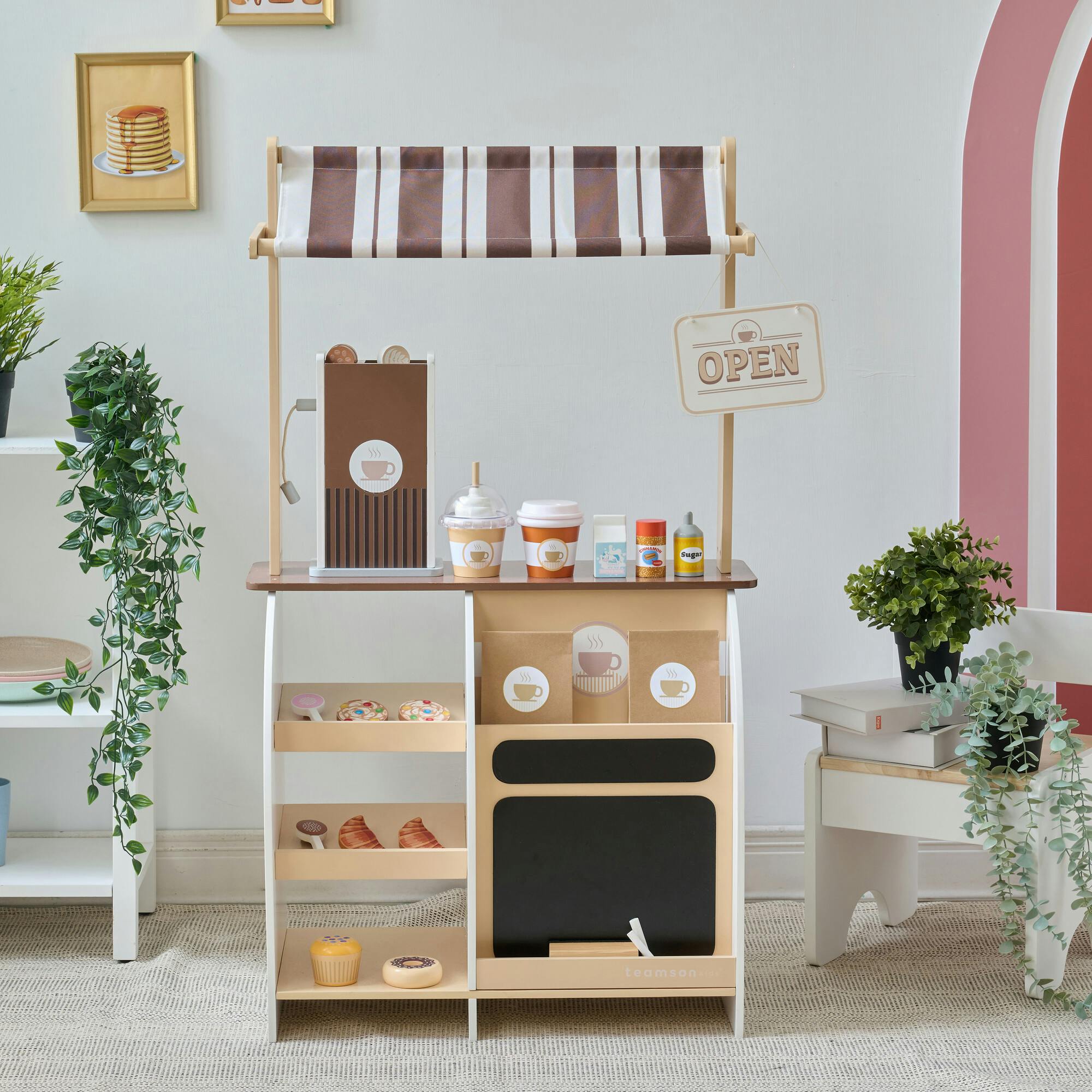 Teamson Kids Espresso Treats Wooden Coffee Stand with 29 Pcs Accessories