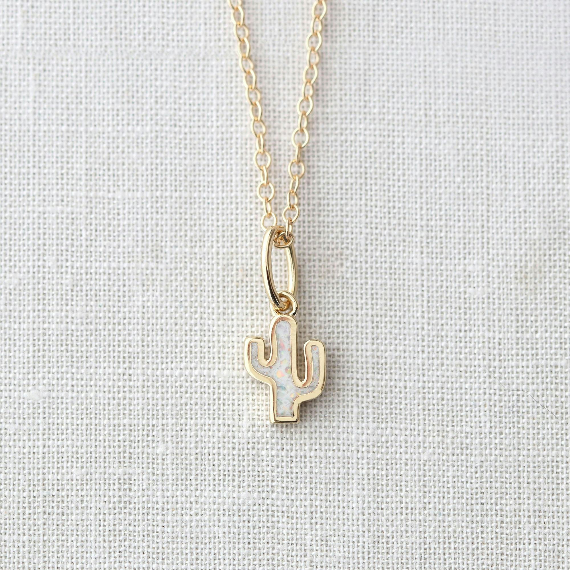 Opal Cactus Charm Necklace
