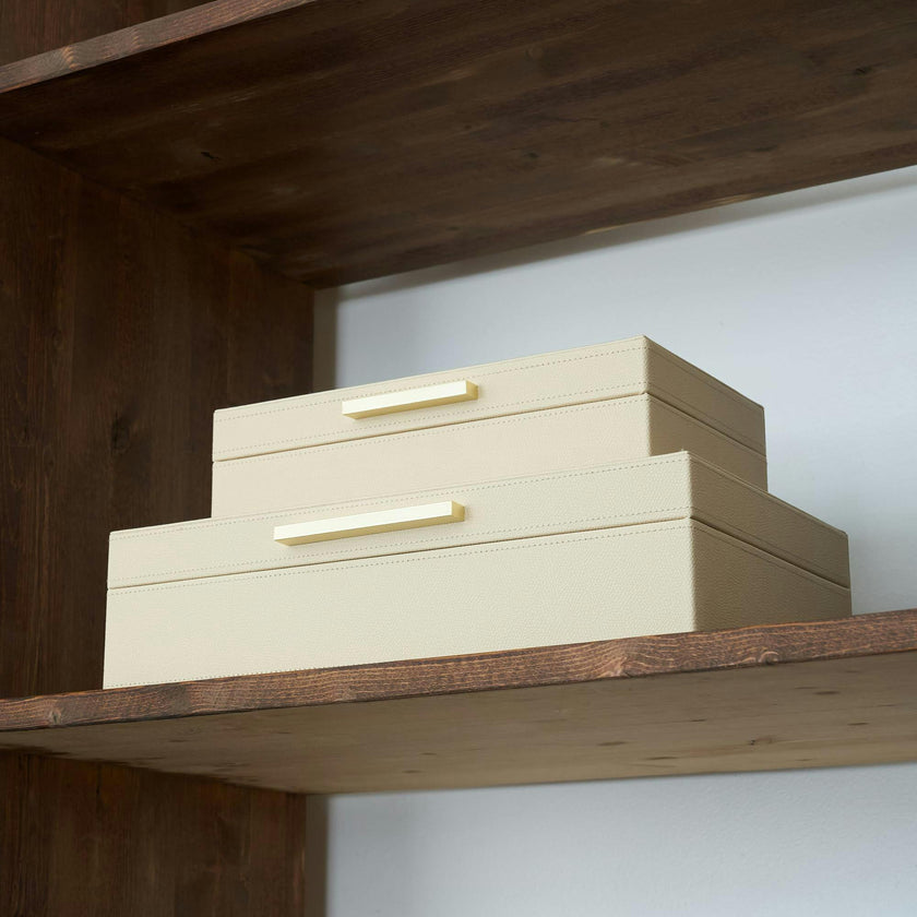 Decorative Storage Boxes with Lids - Set of 2 PU Leather Organizer Bins for Bookshelf Decor - Store Photos, Documents and Memory Box Keepsakes in Style