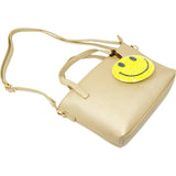 Faux Leather Tote Shoulder Strap Handbag With Sequins Happy Face Charm