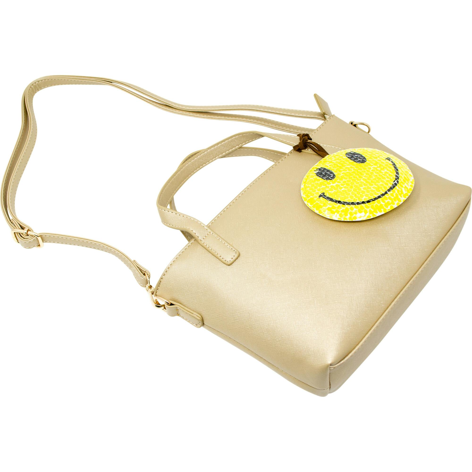 Faux Leather Tote Shoulder Strap Handbag With Sequins Happy Face Charm