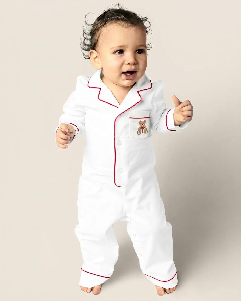 Maisonette x Petite Plume Twill Romper, Merry Teddy