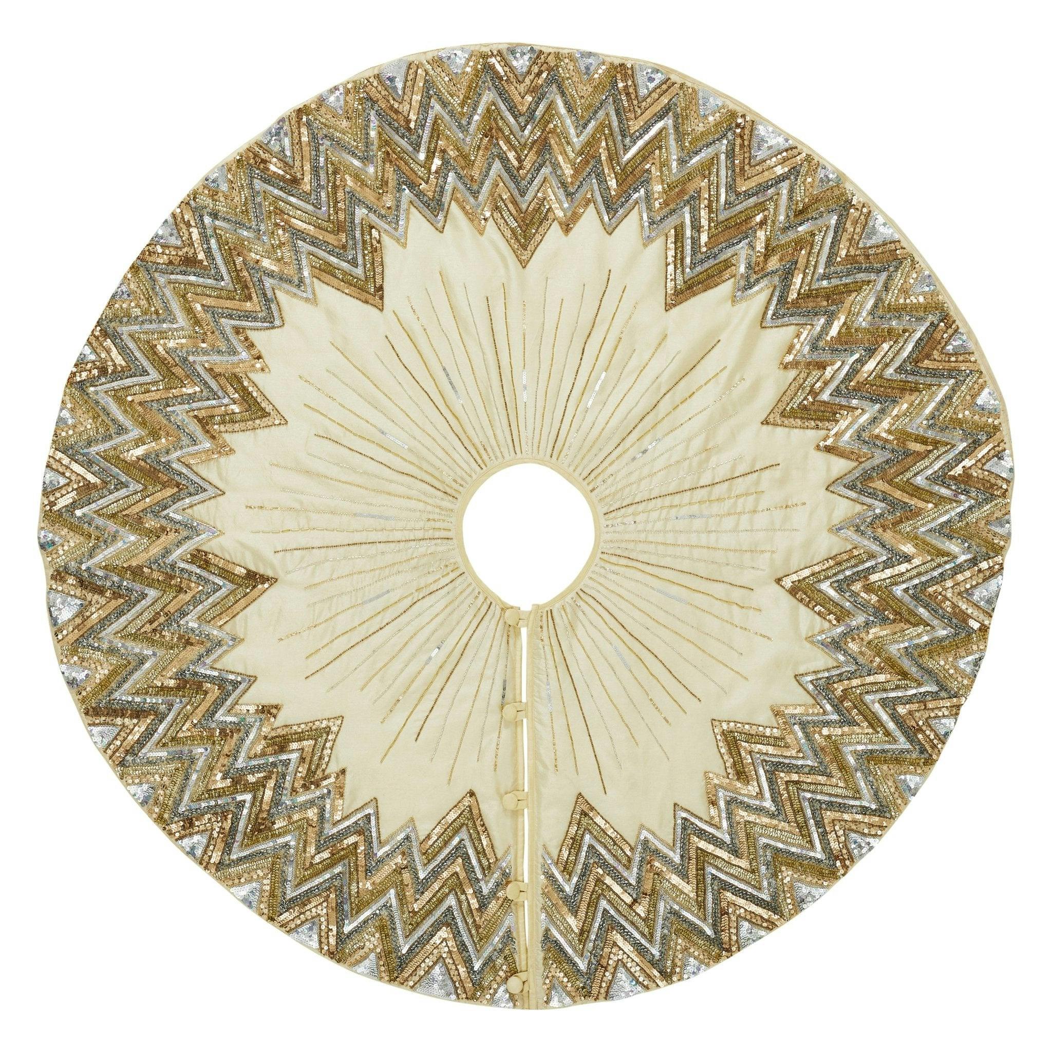 Hand Beaded Metallic Starburst French Vanilla Silk Christmas Tree Skirt 60