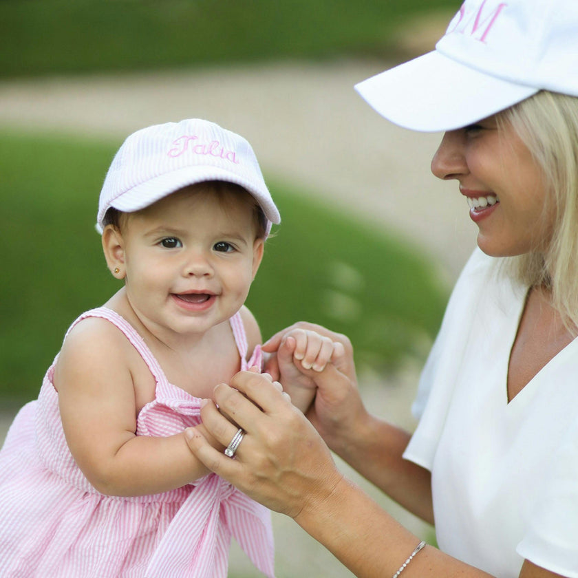 Customizable Bow Baseball Hat in Pink Seersucker (Baby/Toddler, Youth)