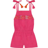 Inez Girl's Shoulder Tie Romper Raspberry Embroidery, Pink