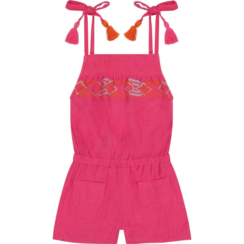 Inez Girl's Shoulder Tie Romper Raspberry Embroidery, Pink