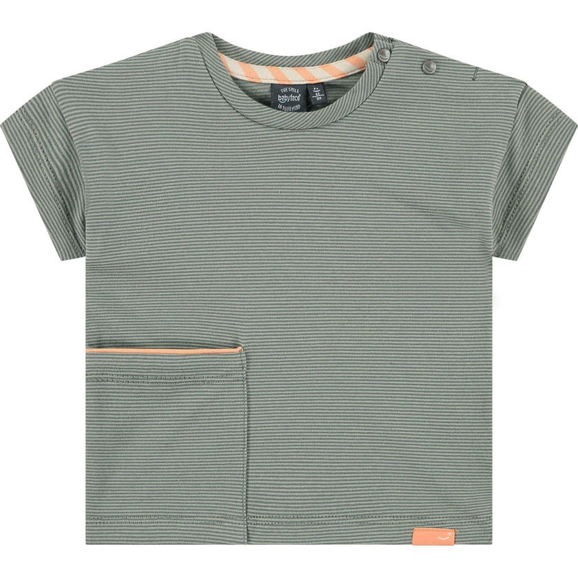 Crew Neck Micro-Stripe Enlarged Side Pocket T-Shirt