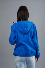 Women's royal blue full zip packable rain jacket and windbreaker