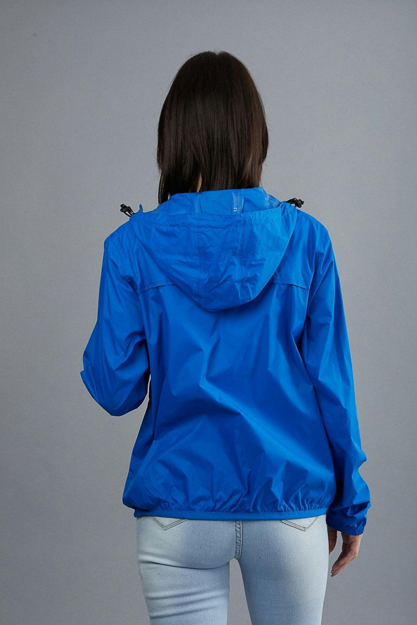 Women's royal blue full zip packable rain jacket and windbreaker