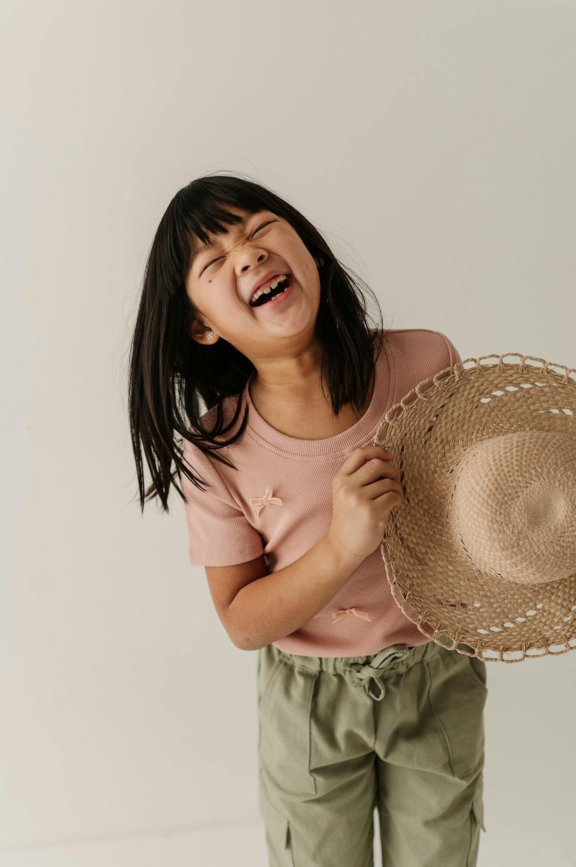 Girls Ribbed Short Sleeve Tee in Rose Cloud Bows