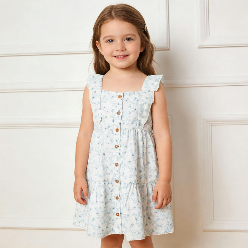 Organic Flutter Buttoned Tiered Dress - Ivy Floral