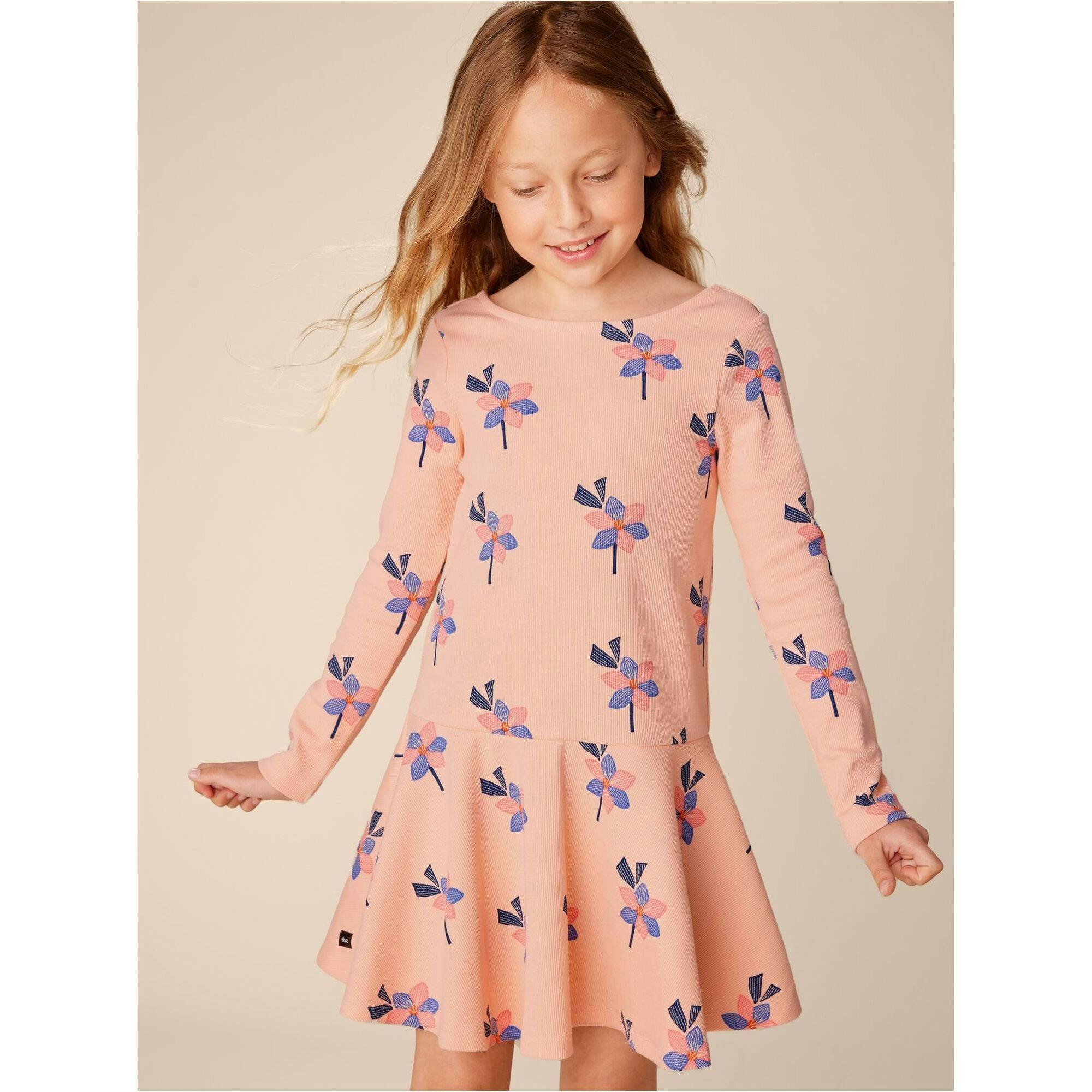 Floral Print Ribbed Drop Waist Skater Dress, Yellow