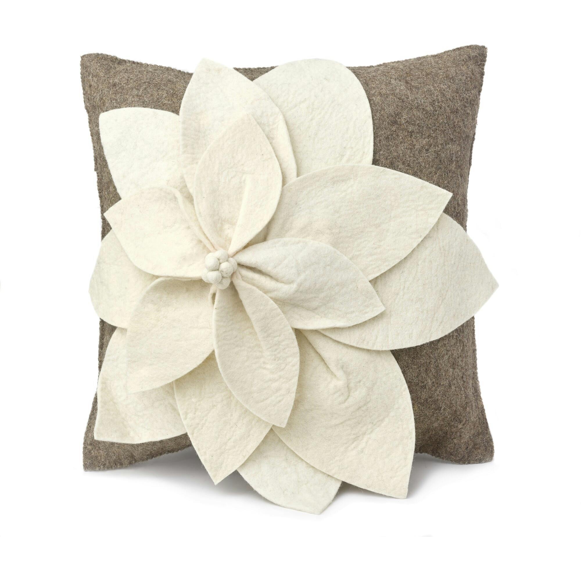 Hand Felted Wool Pillow - 3D Flower Cream Gray - 20