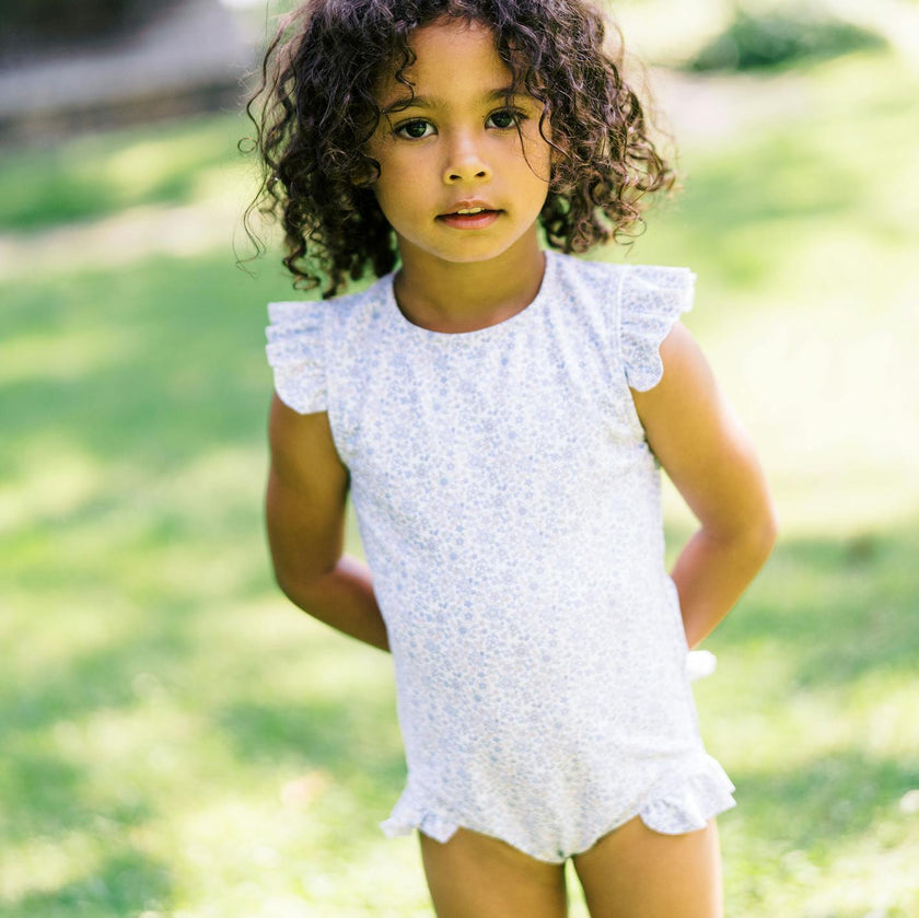 Girls Slate Floral Ruffle Sleeve Rashguard One Piece