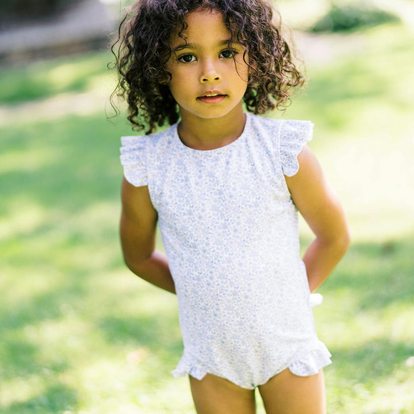 Girls Slate Floral Ruffle Sleeve Rashguard One Piece