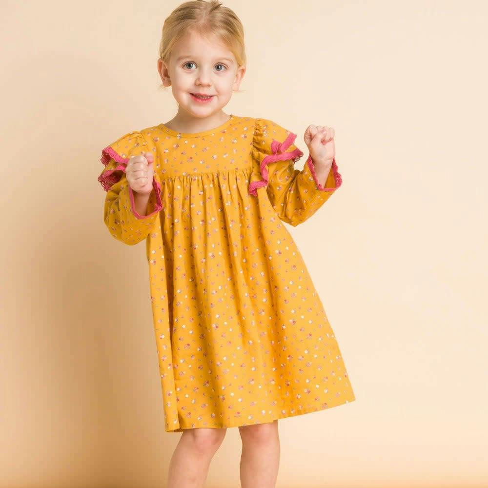 Toddler Long Flutter Sleeves Dress with Lace Trim