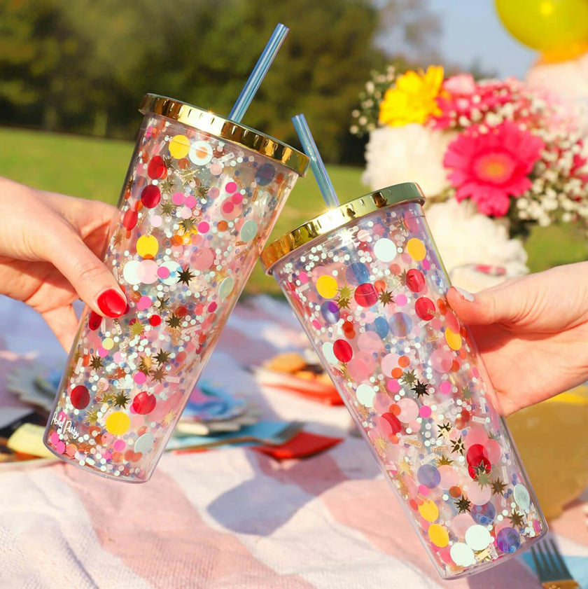 Packed Party Celebrate Every Day Confetti Reusable Tumbler - 24 oz Double Wall Plastic Tumbler with Floating Confetti, Gold Lid, and Reusable Straw, BPA-Free