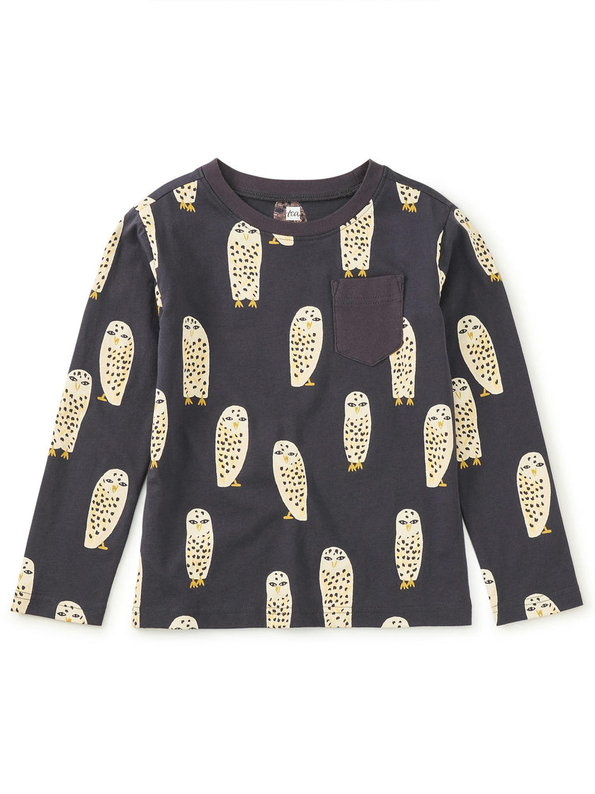 Long Sleeve Printed Pocket Tee, Snowy Owl