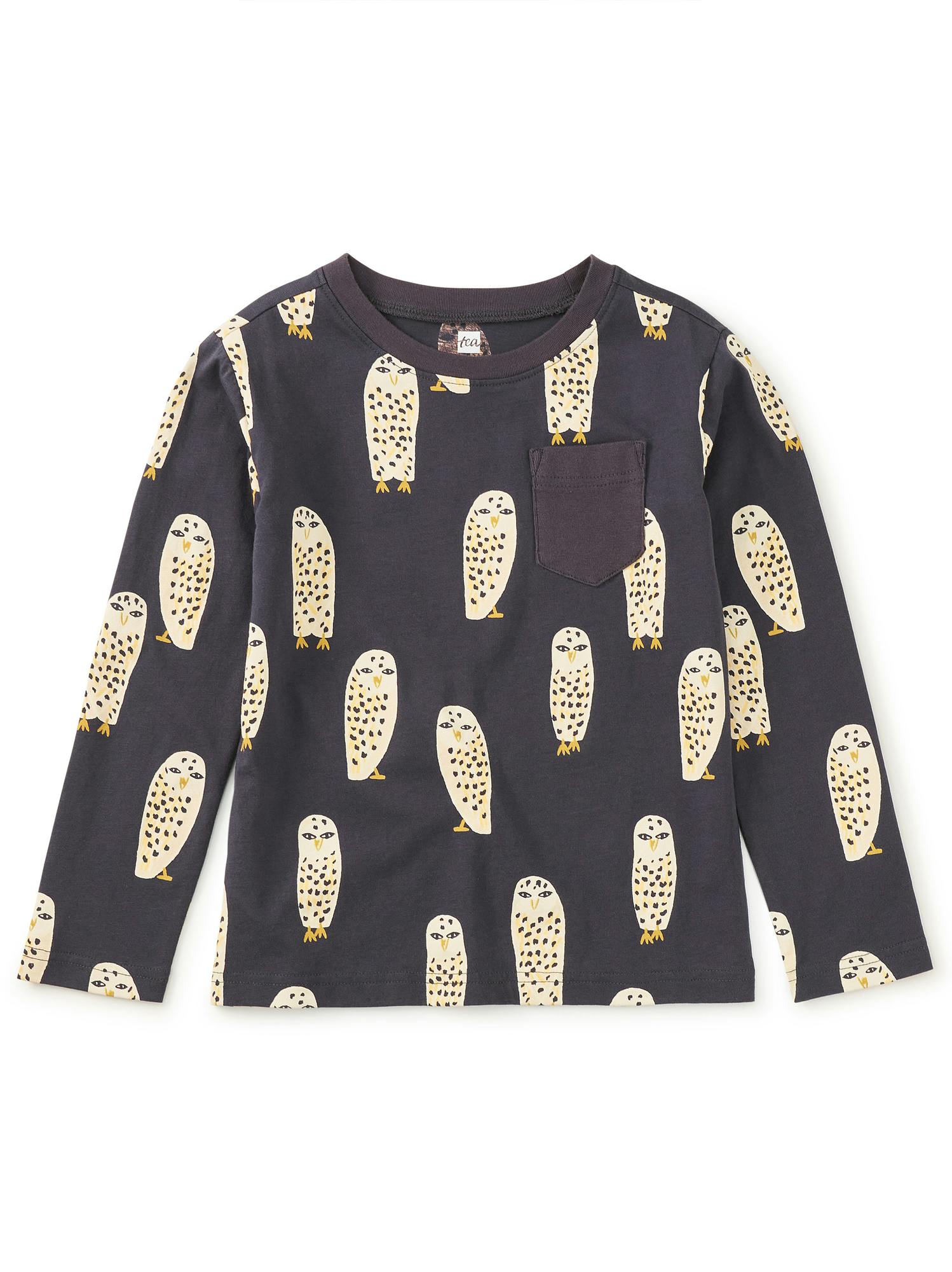 Long Sleeve Printed Pocket Tee, Snowy Owl