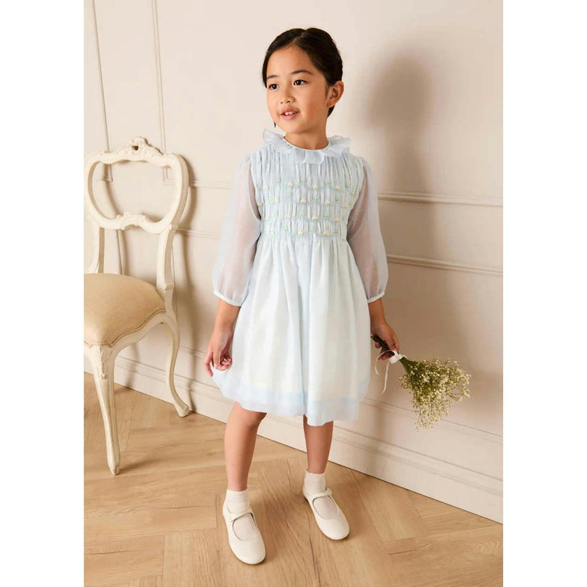 Daisy Embroidered Hand Smocked Long Sleeve Dress in Blue (18mths-8yrs)