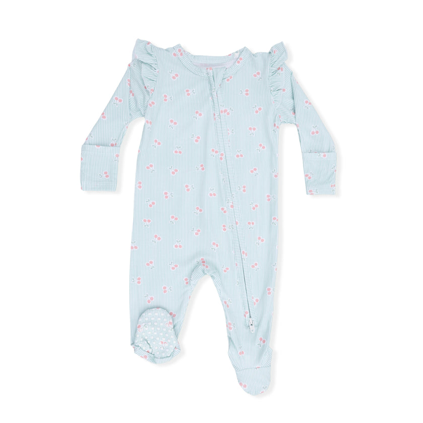 Tiny Cherry Stripe - 2 Way Ruffle Sleeve Zipper Footie