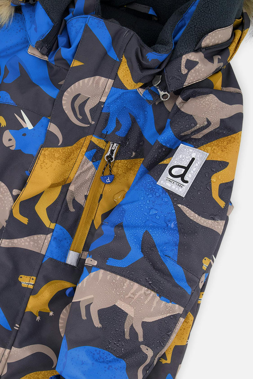 Two Piece Play Snowsuit Grey and Blue Dinosaur Print with Blue Pants