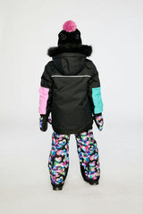 Two Piece Play Snowsuit Black, Blue And Pink Colorblock With Heart Print Pants