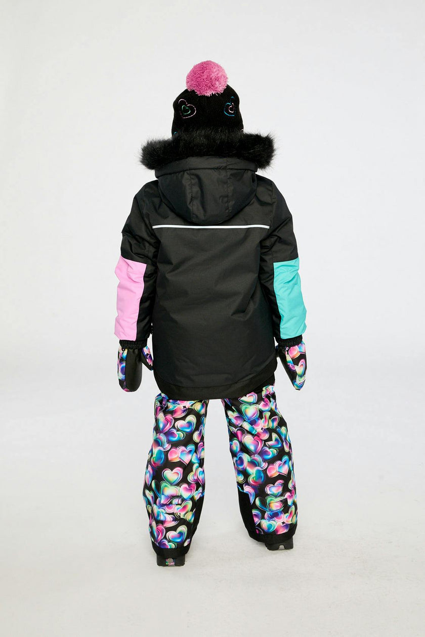Two Piece Play Snowsuit Black, Blue And Pink Colorblock With Heart Print Pants