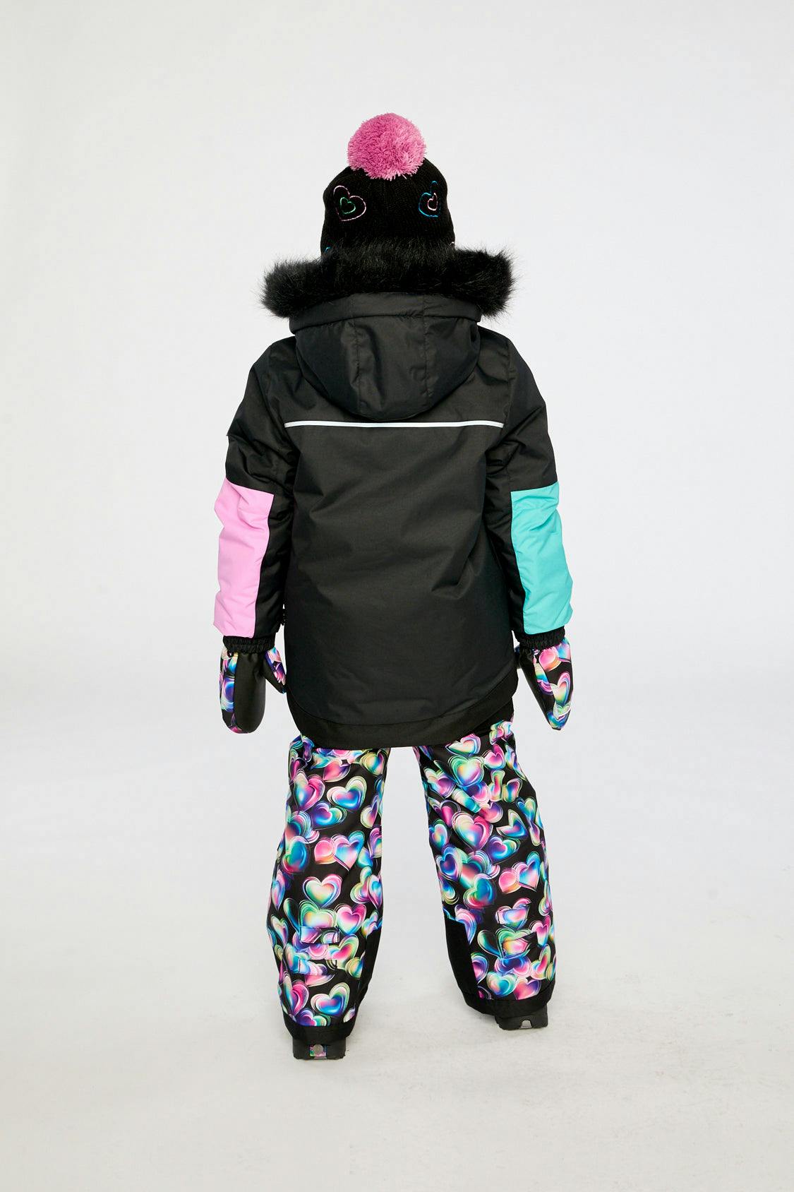 Two Piece Play Snowsuit Black, Blue And Pink Colorblock With Heart Print Pants