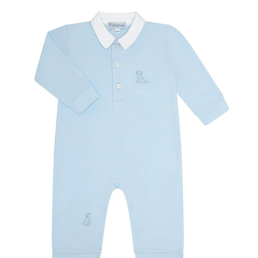 Blue Puppy Love Embroidery Romper LS
