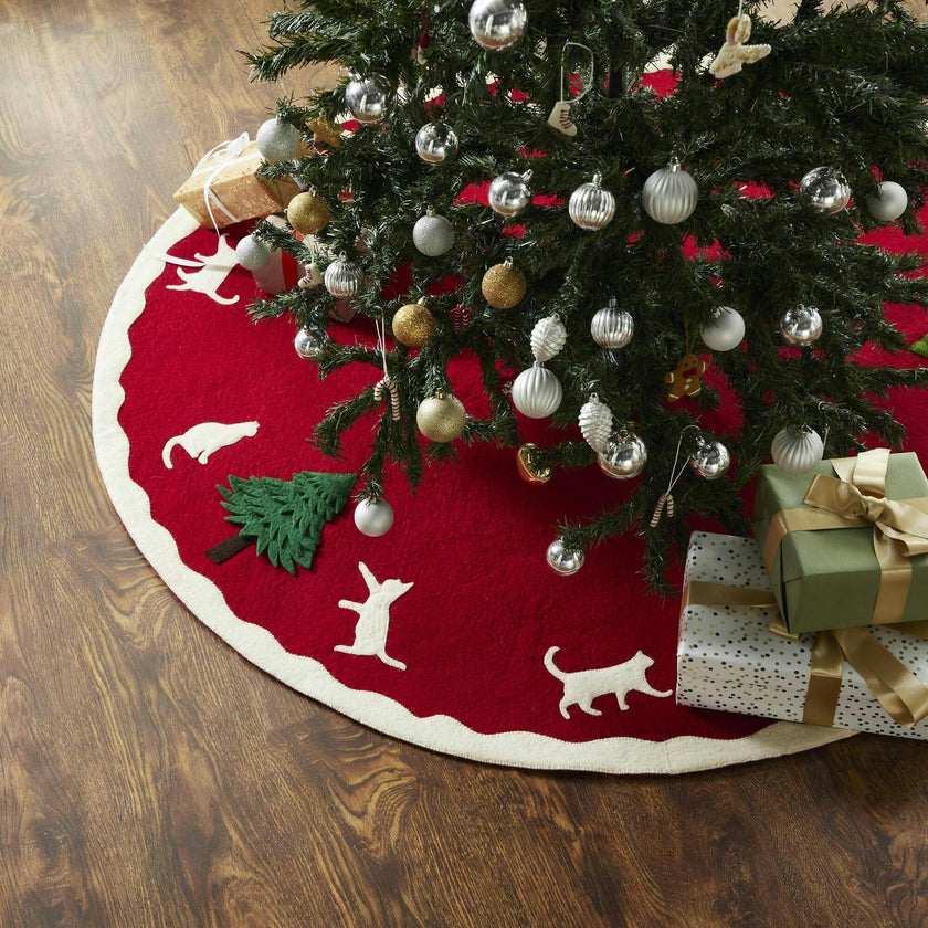 Cats and Green Trees Hand-Felted Christmas Tree Skirt - 60"