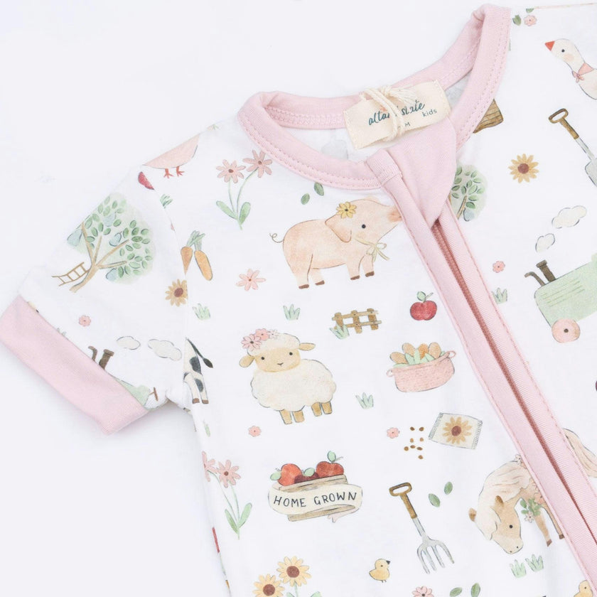 Cute Farm Animals Pink - Shortie 2 Way Zipper Romper