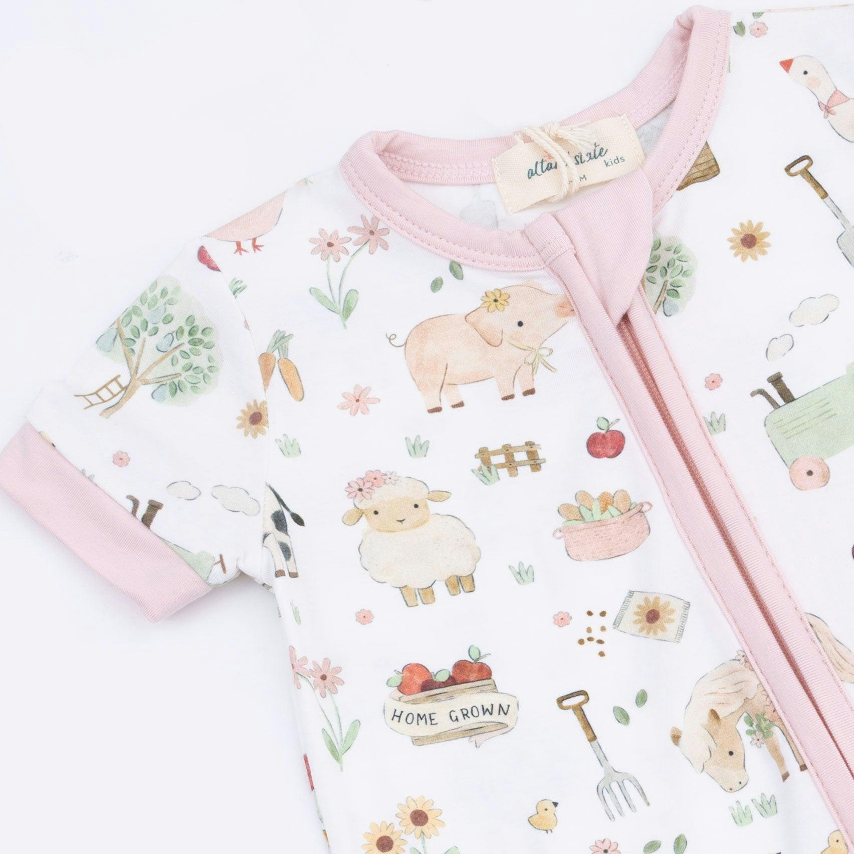 Cute Farm Animals Pink - Shortie 2 Way Zipper Romper